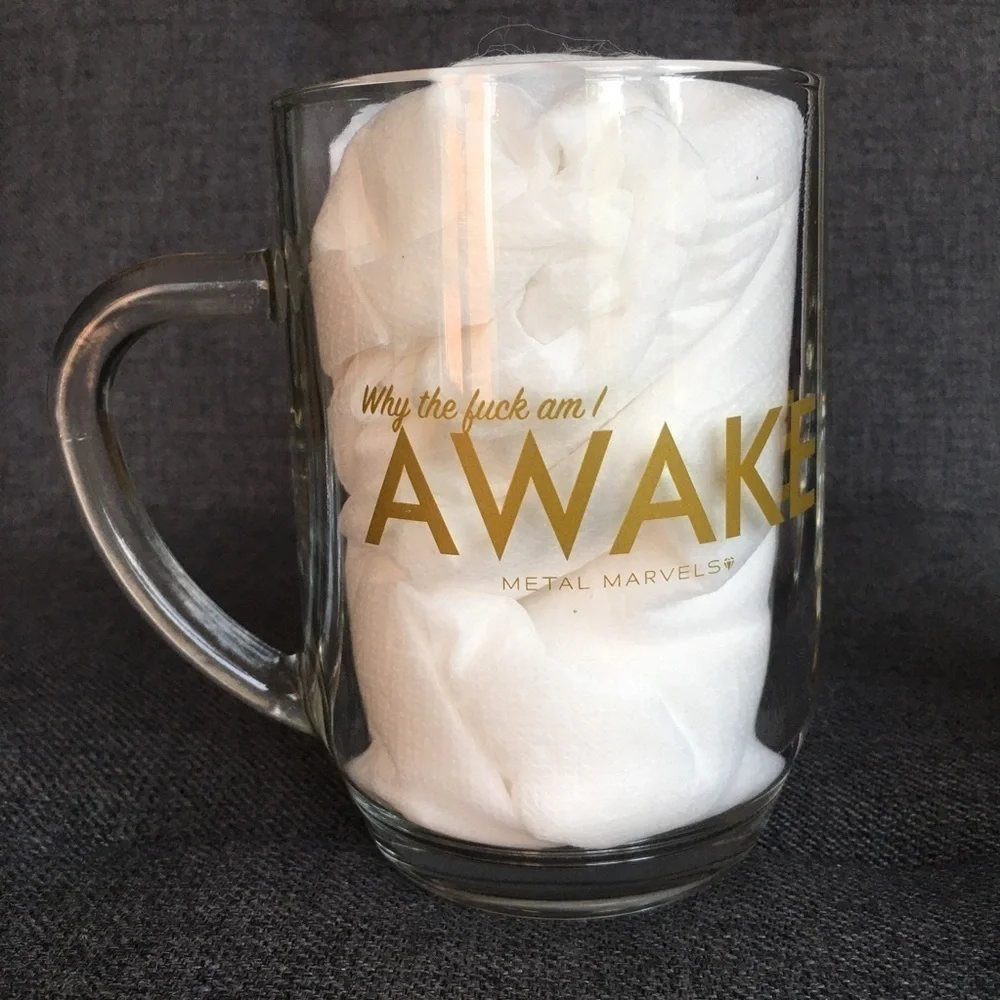 Why the **** am I AWAKE” Mug, Glass, Gold, 18 oz
